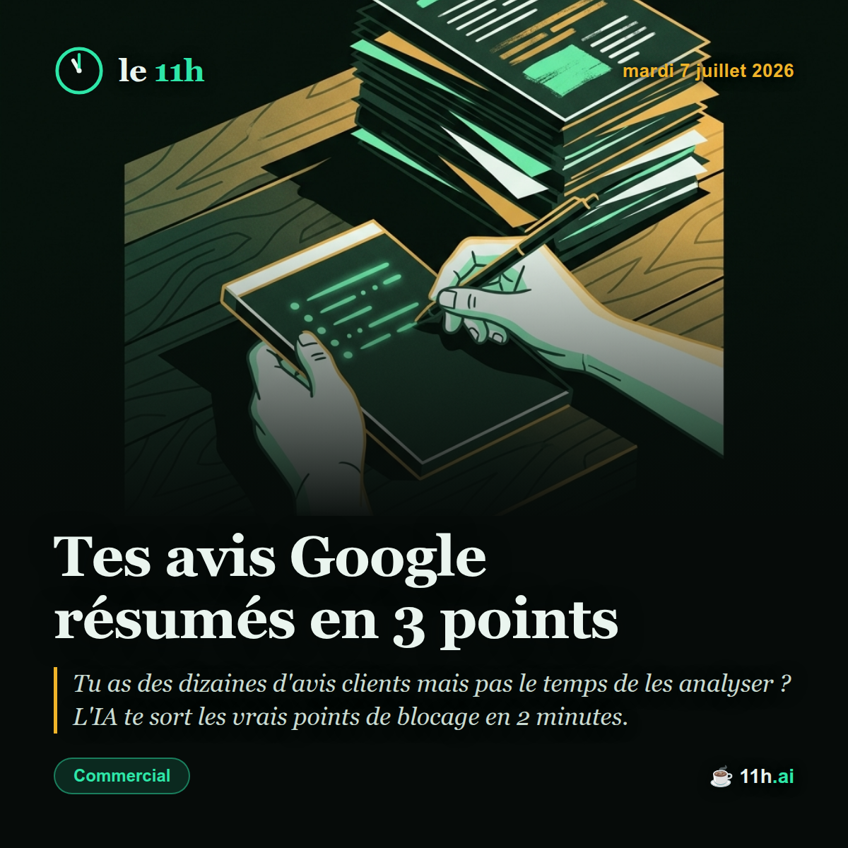 Tes avis Google résumés en 3 points — le 11h du mardi 7 juillet 2026