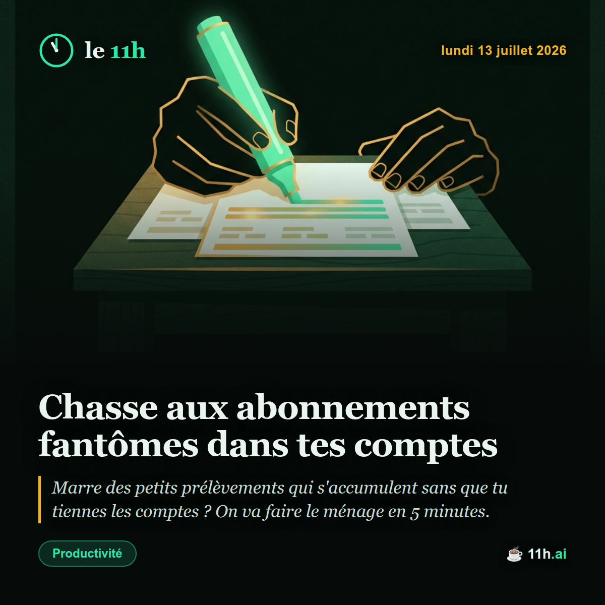 Chasse aux abonnements fantômes dans tes comptes — le 11h du lundi 13 juillet 2026