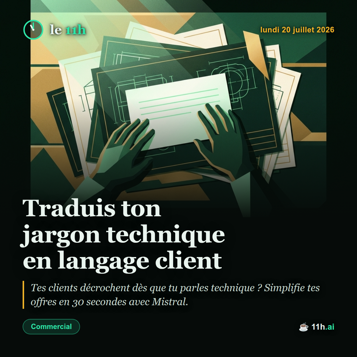 Traduis ton jargon technique en langage client — le 11h du lundi 20 juillet 2026