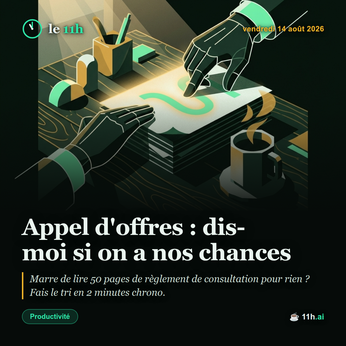 Appel d'offres : dis-moi si on a nos chances — le 11h du vendredi 14 août 2026